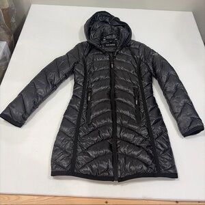 Womens Guess Black Puffer Coat 3/4 Length Longer Jacket W/Hood Size Small-Nice!!
